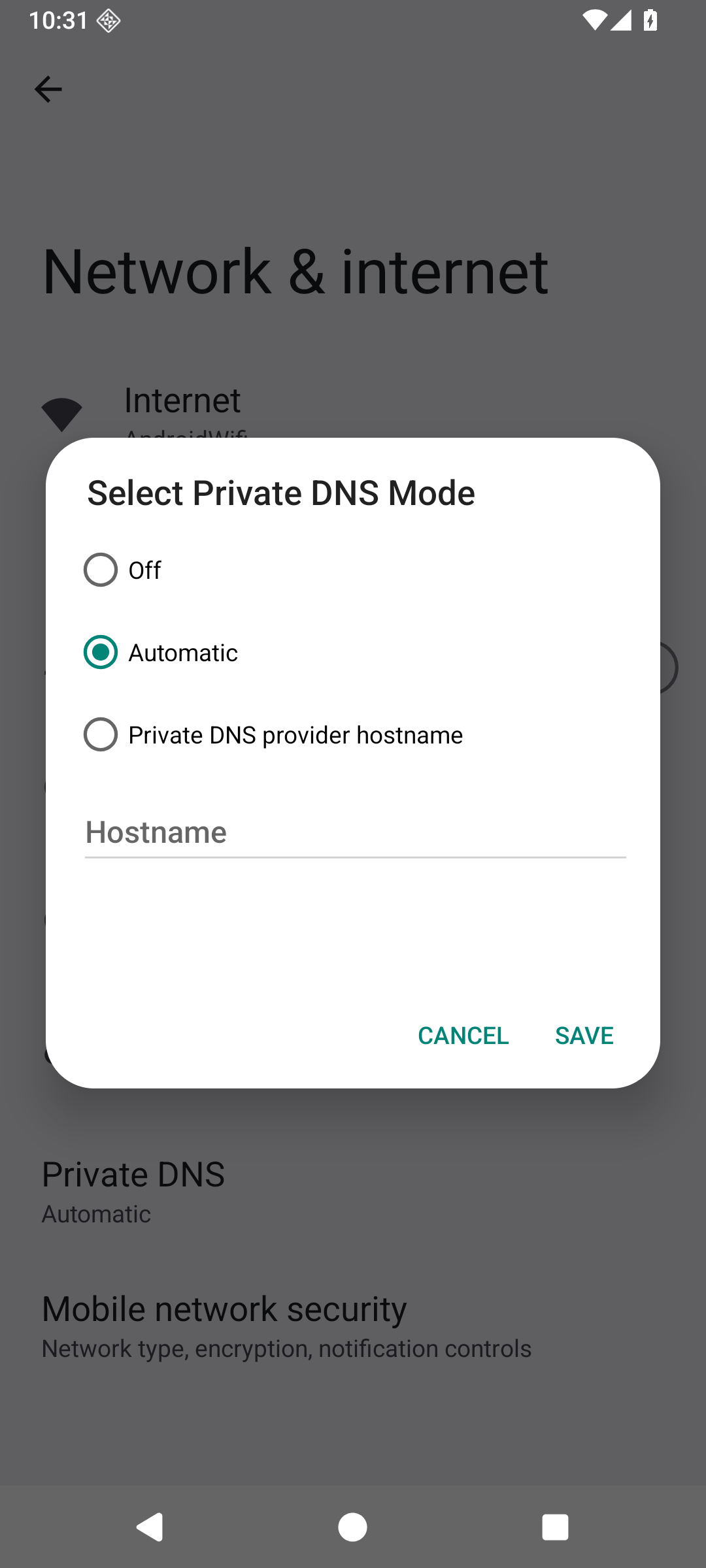 Android Private DNS mode dialog