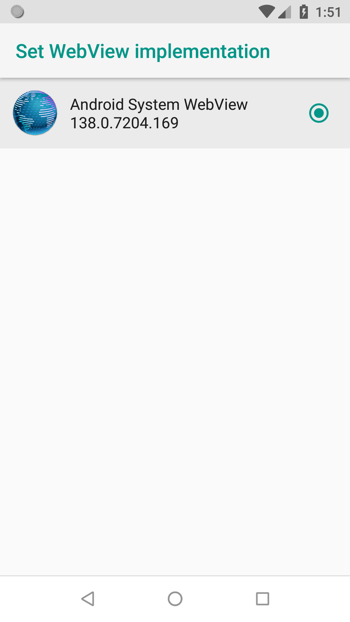 Android 8.1 showing Android System WebView 138 selected