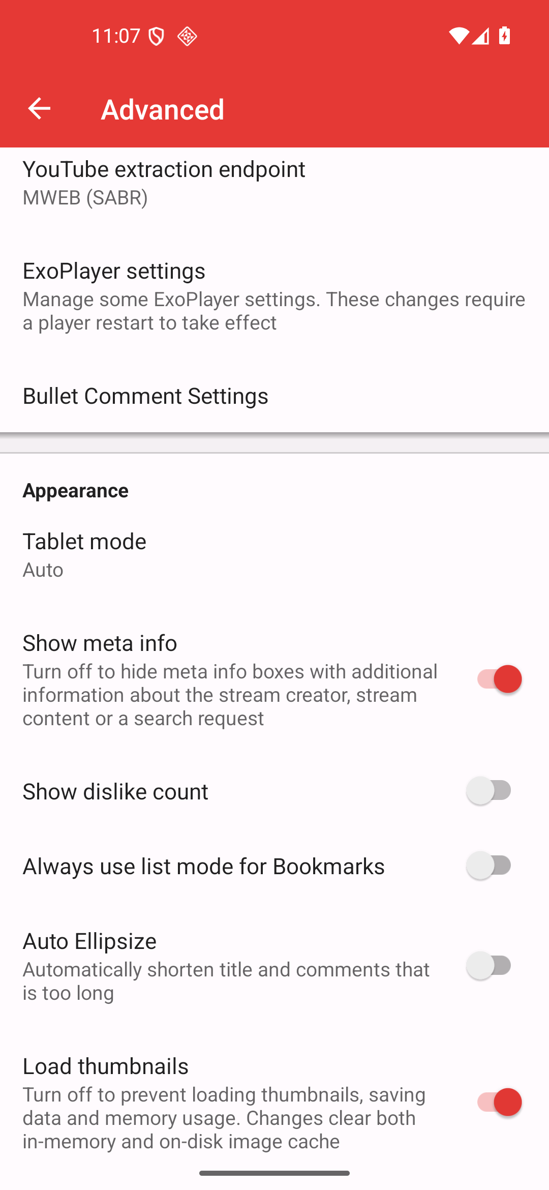 Fila Endpoint de extracción de YouTube ajustada a MWEB (SABR) en los ajustes Avanzado en Android 16