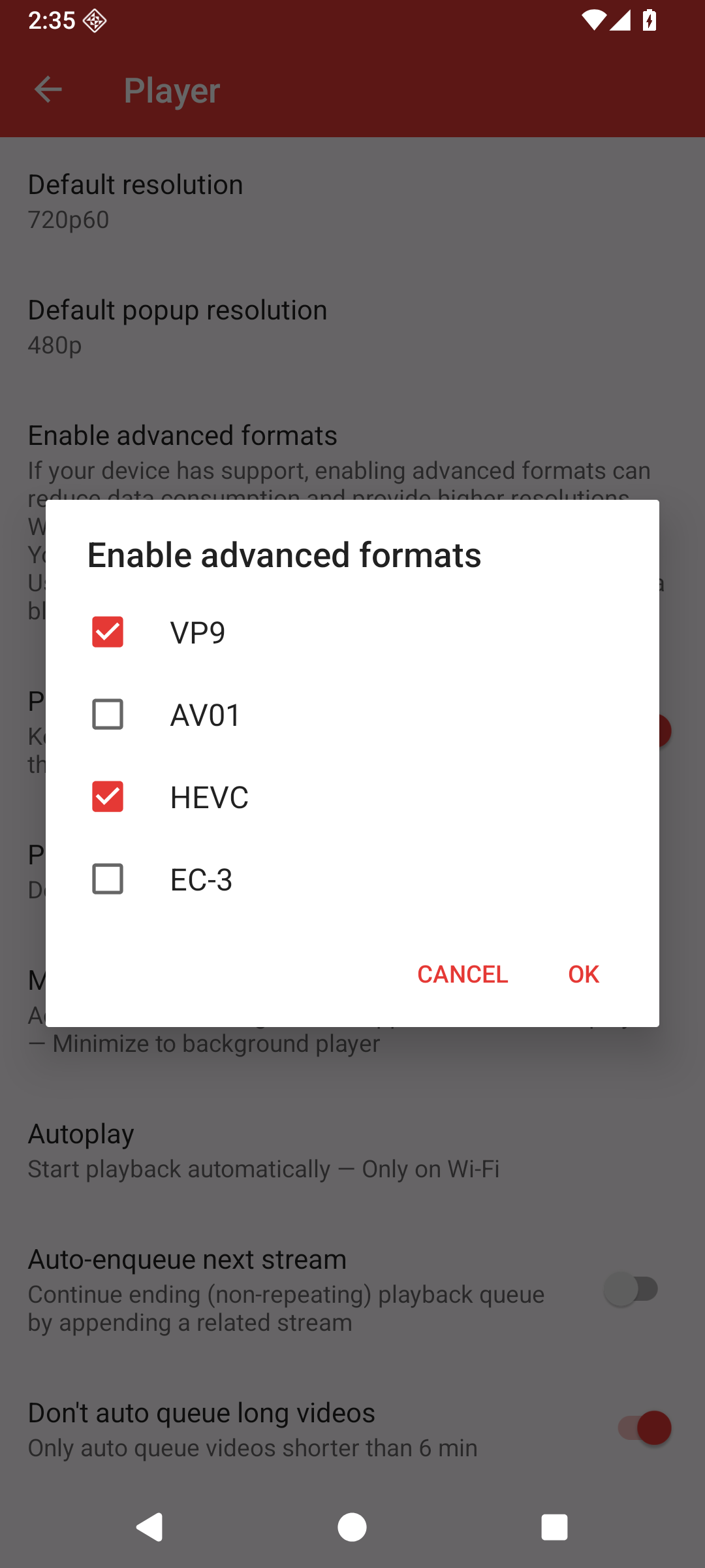 Advanced formats dialog with an empty box beside AV01 and the OK button