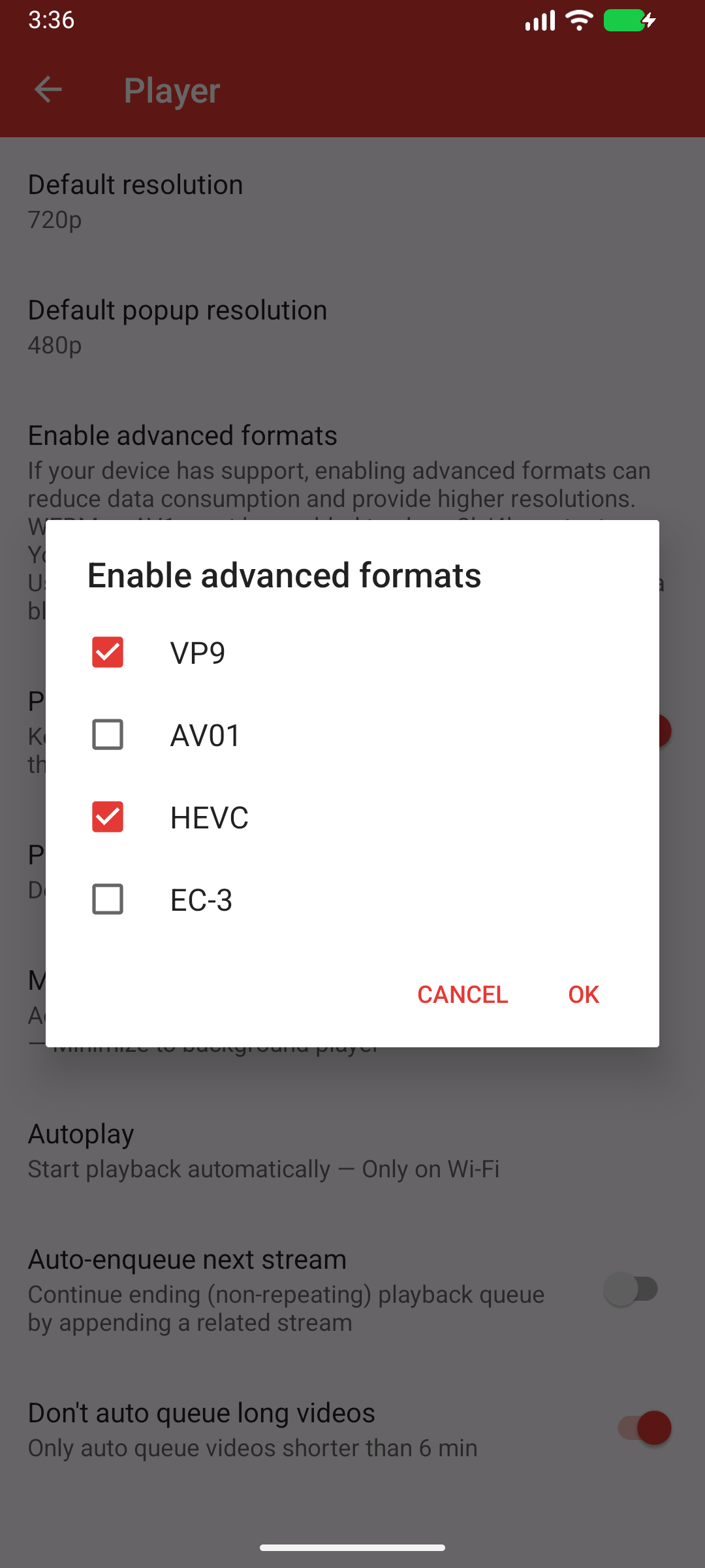 PipePipe 5.3.1-beta advanced formats dialog with an empty box beside AV01 and the OK button on Android 16