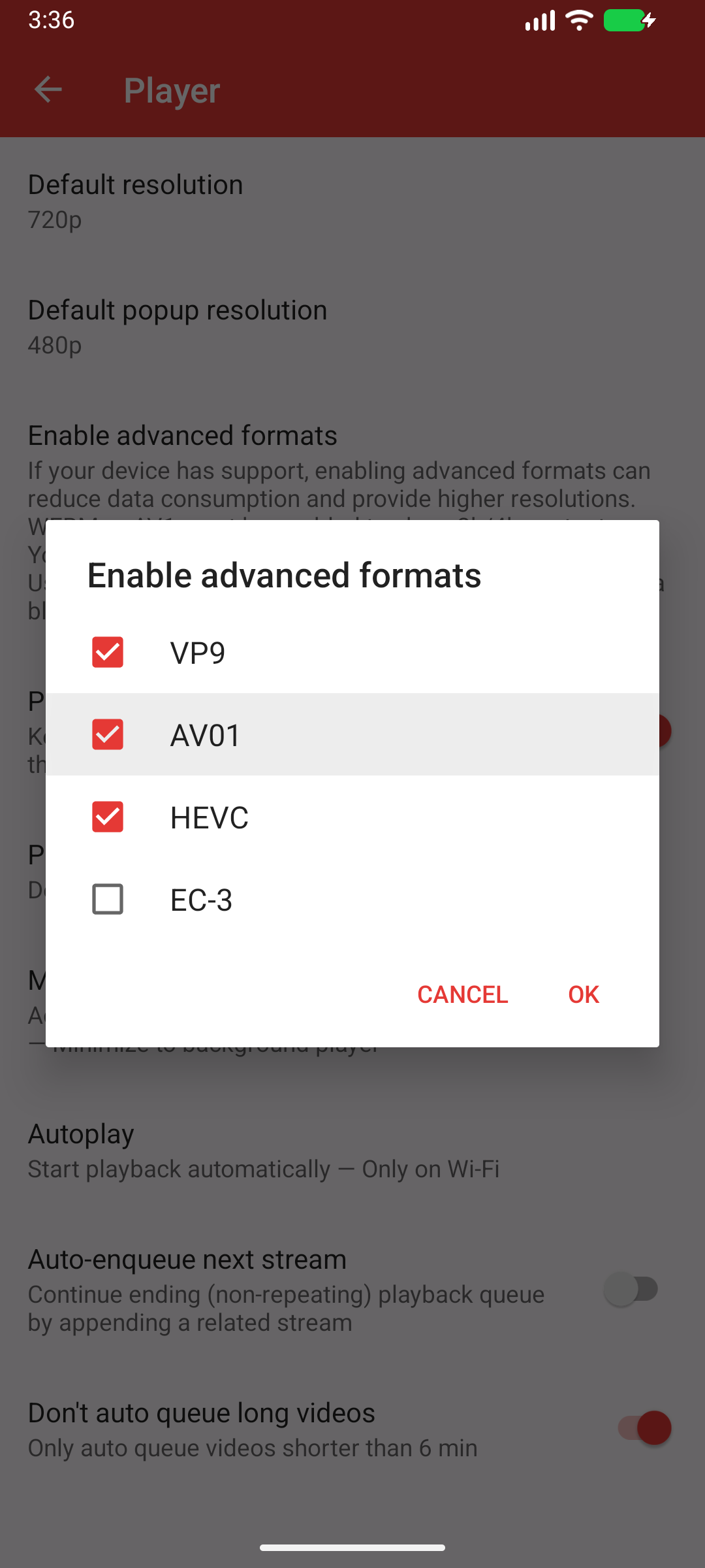 PipePipe 5.3.1-beta advanced formats dialog with a red check beside AV01 on Android 16