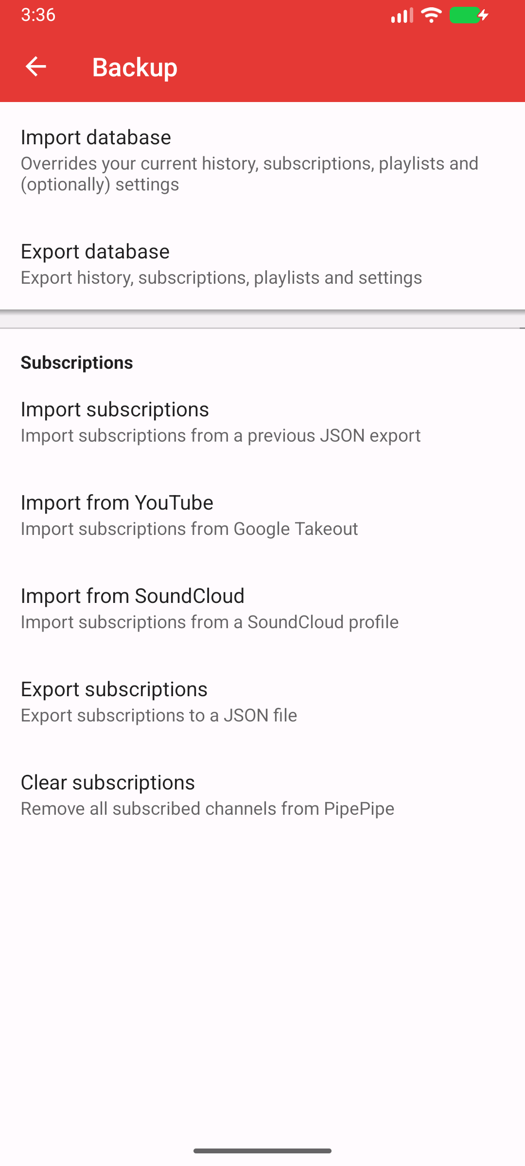 Ajustes de copia de seguridad PipePipe, 5.3.1-beta en Android 16