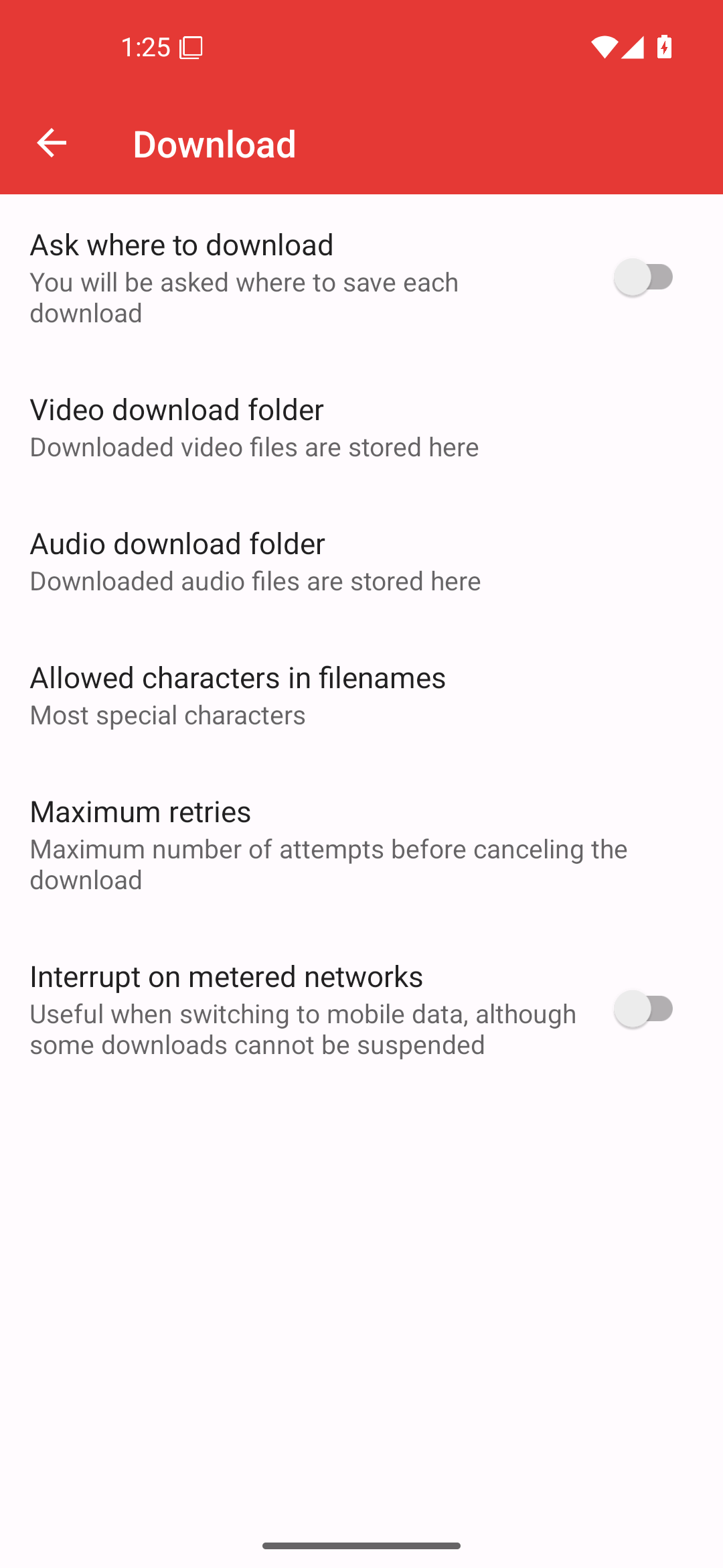 PipePipe Download settings, 5.2.3 on Android 16