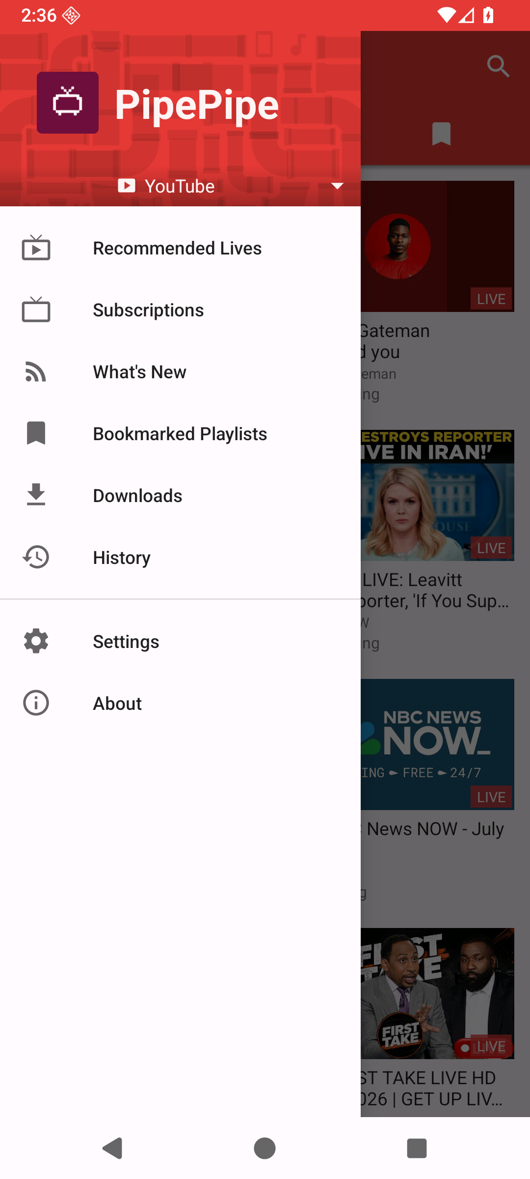 PipePipe side menu showing Settings
