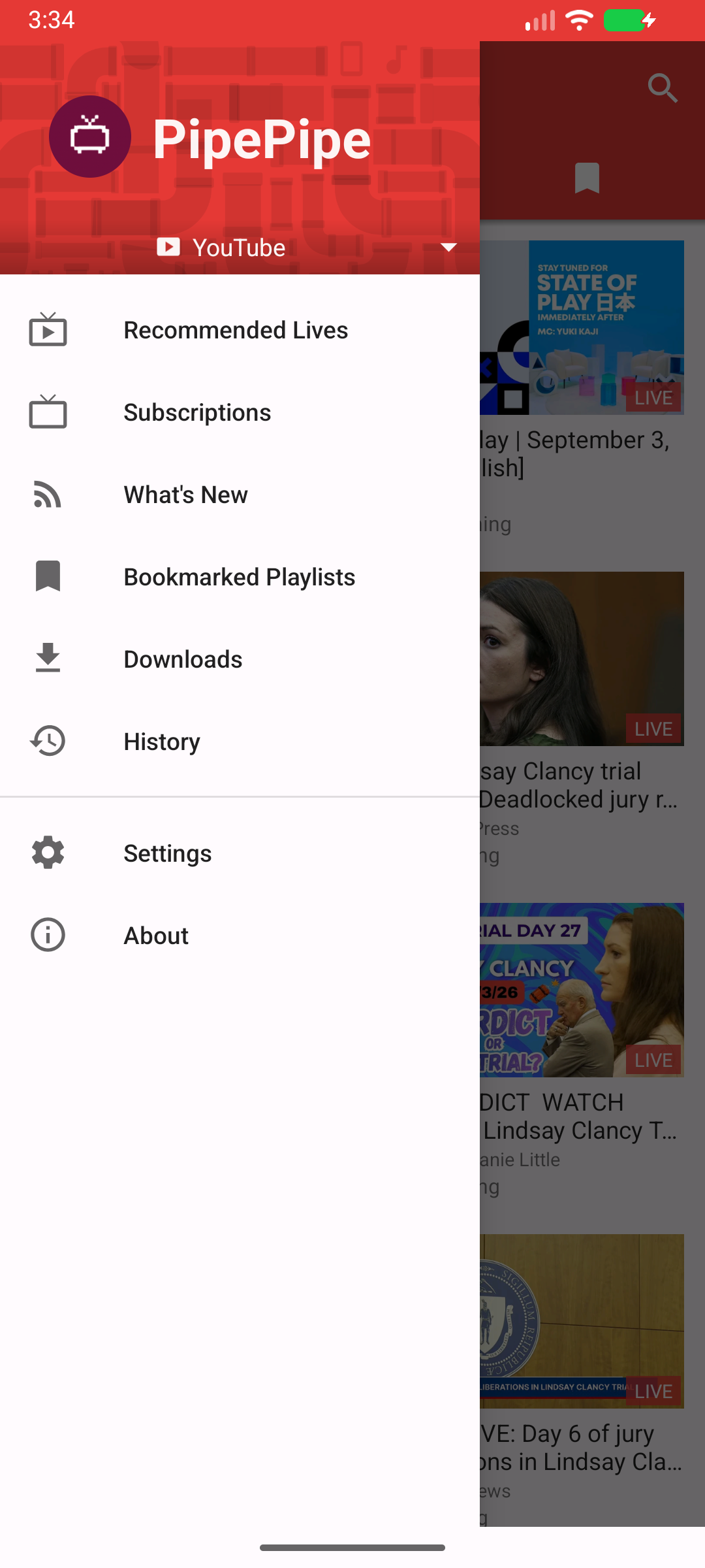 PipePipe 5.3.1-beta side menu showing Settings on Android 16