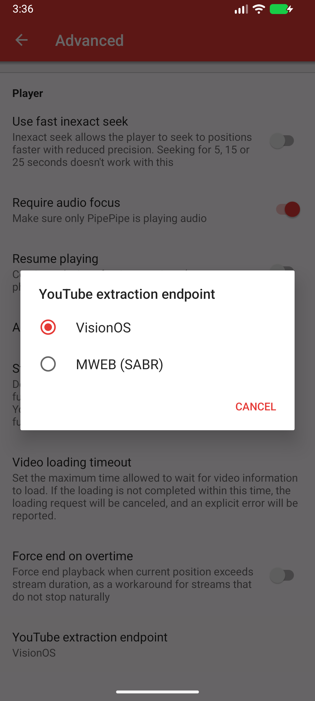 Current YouTube extraction endpoint picker, PipePipe 5.3.1-beta on Android 16