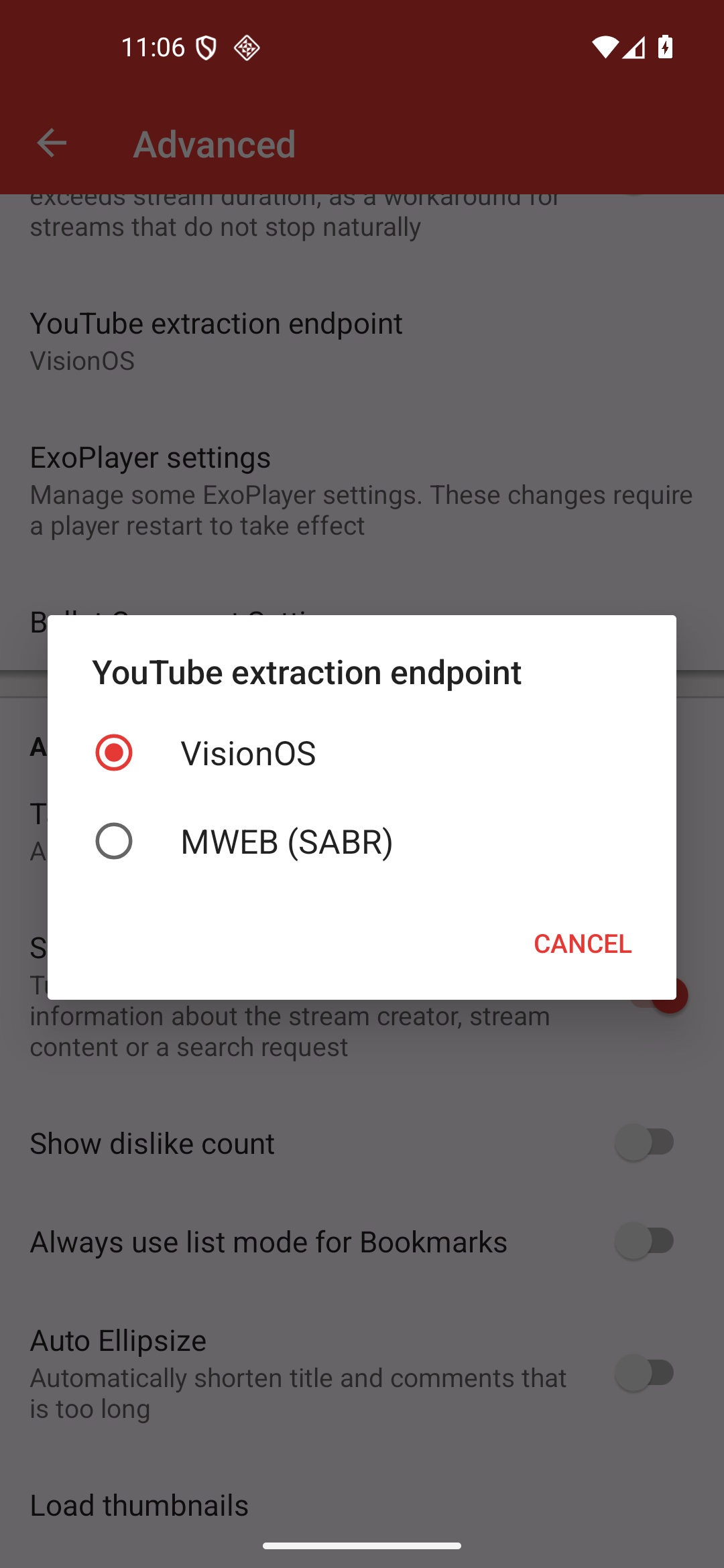 YouTube extraction endpoint picker on Android 16