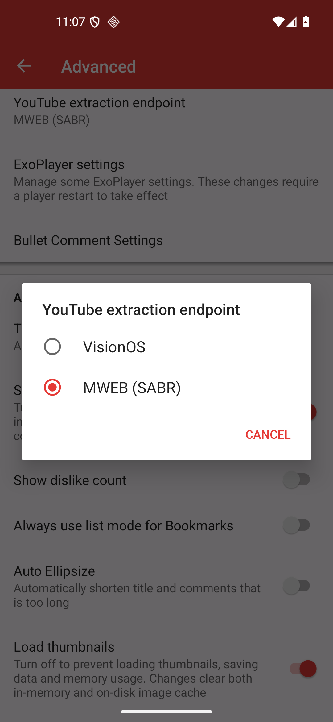 YouTube extraction endpoint picker with MWEB (SABR) selected