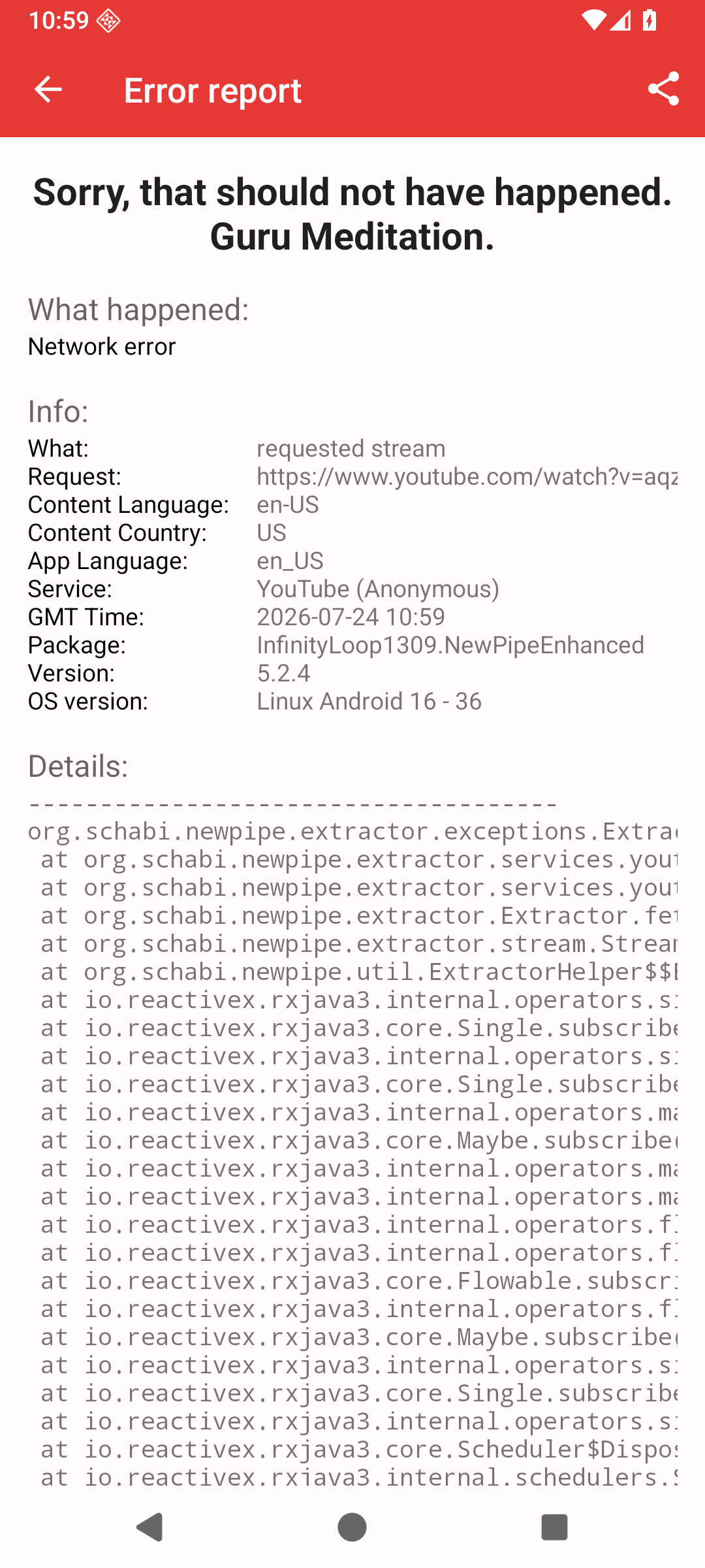 PipePipe Error report screen with the share button