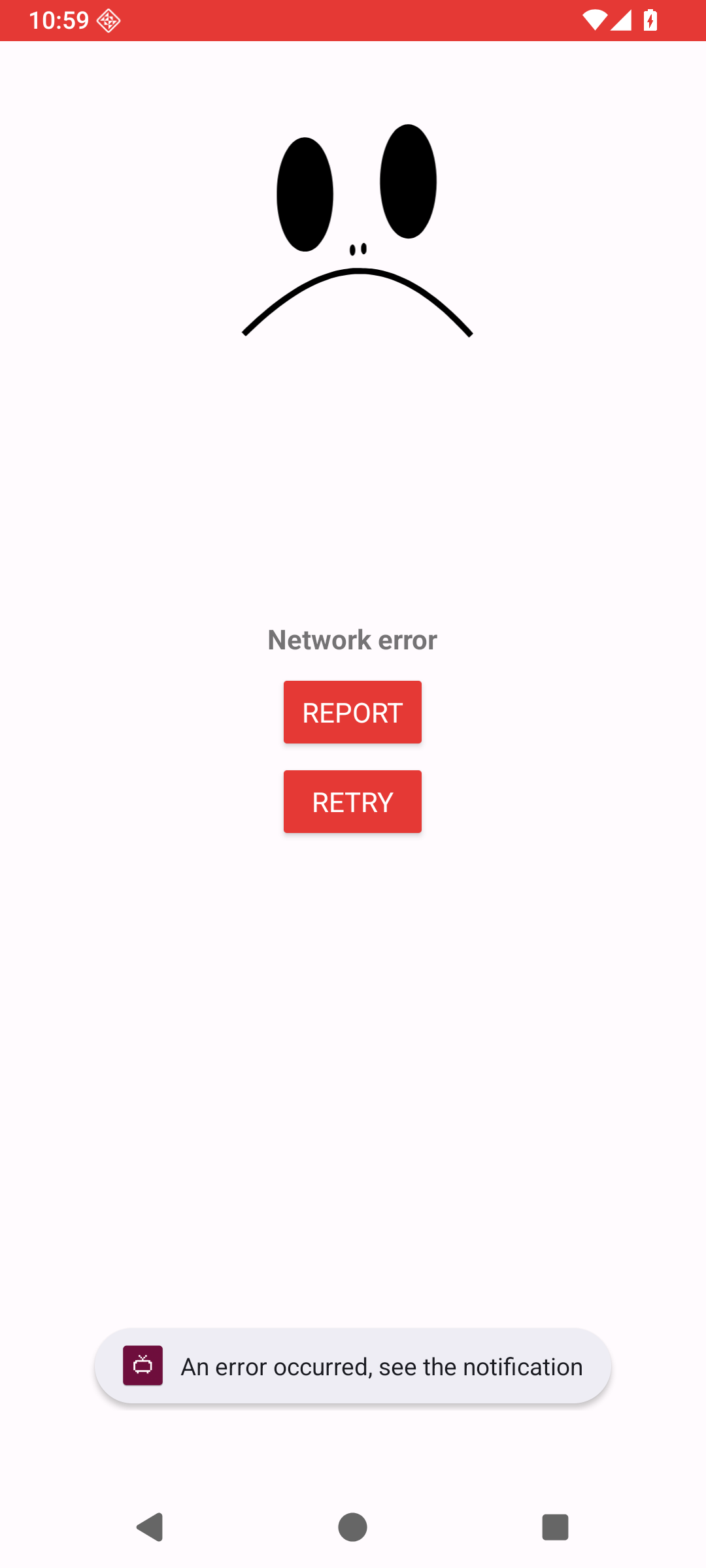 PipePipe Network error screen with Report and Retry buttons