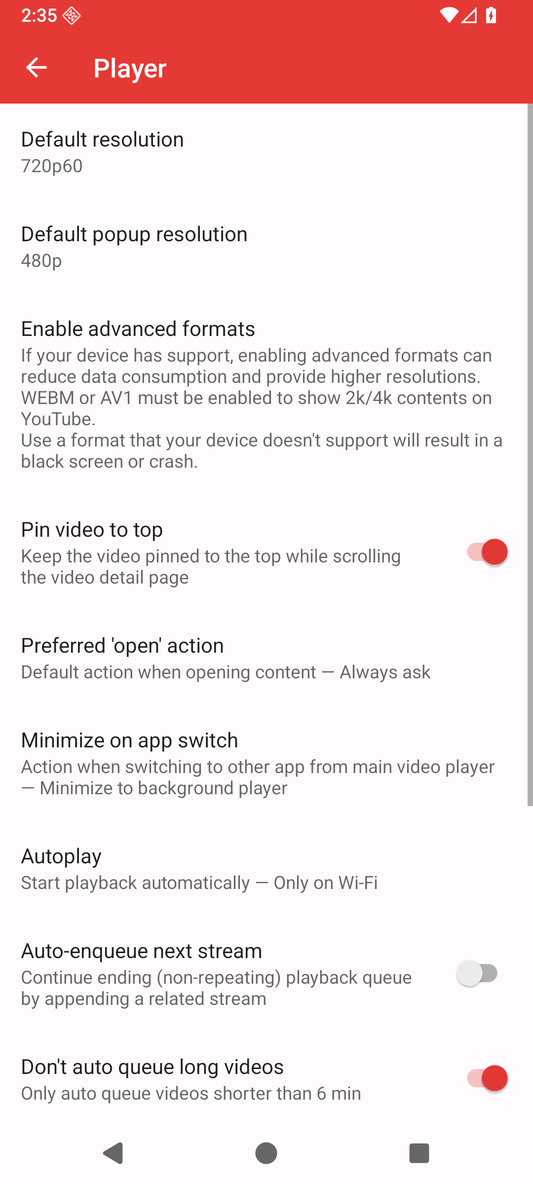 PipePipe Player settings showing Enable advanced formats