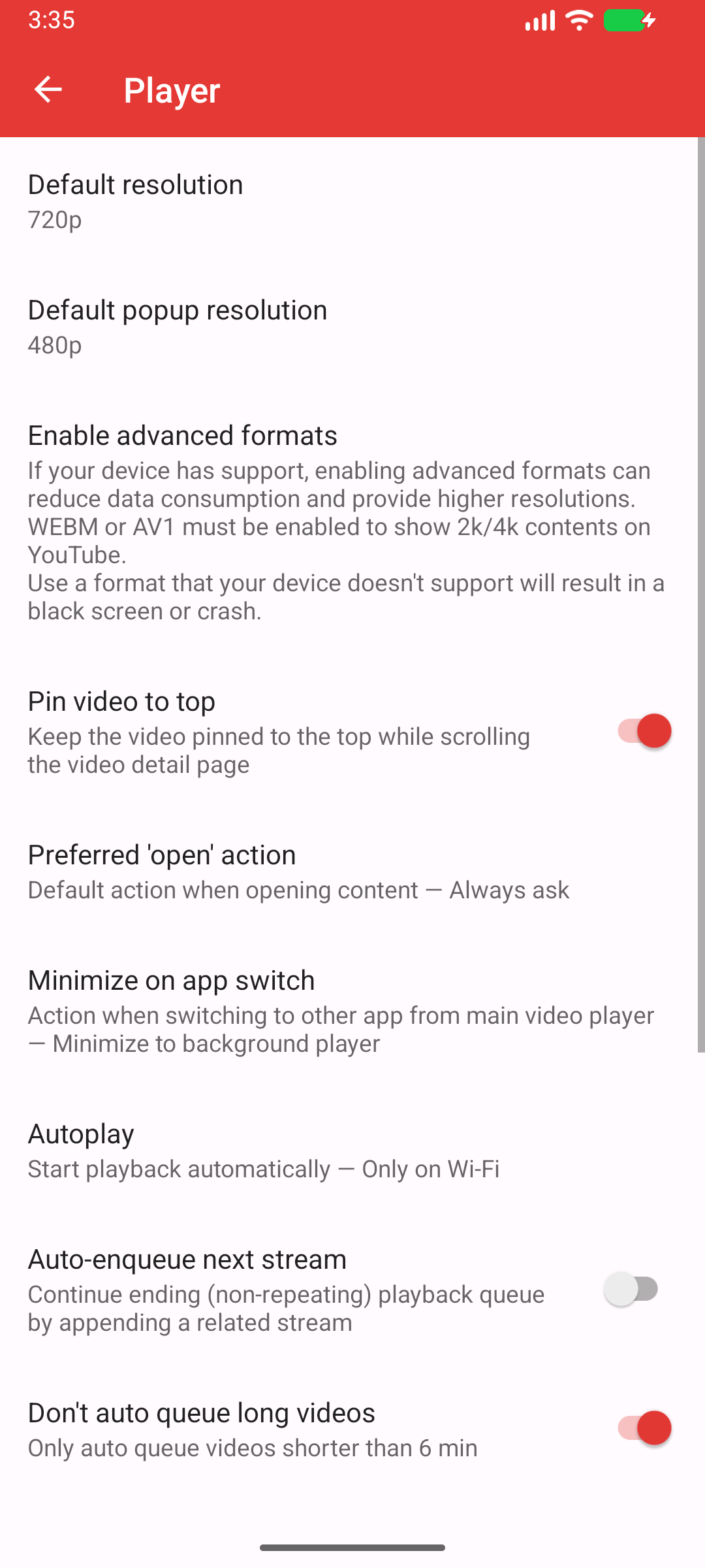 PipePipe 5.3.1-beta Player settings showing Enable advanced formats on Android 16
