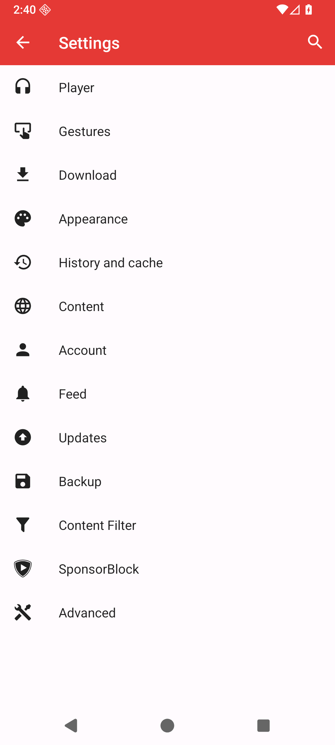 PipePipe Settings screen showing Player