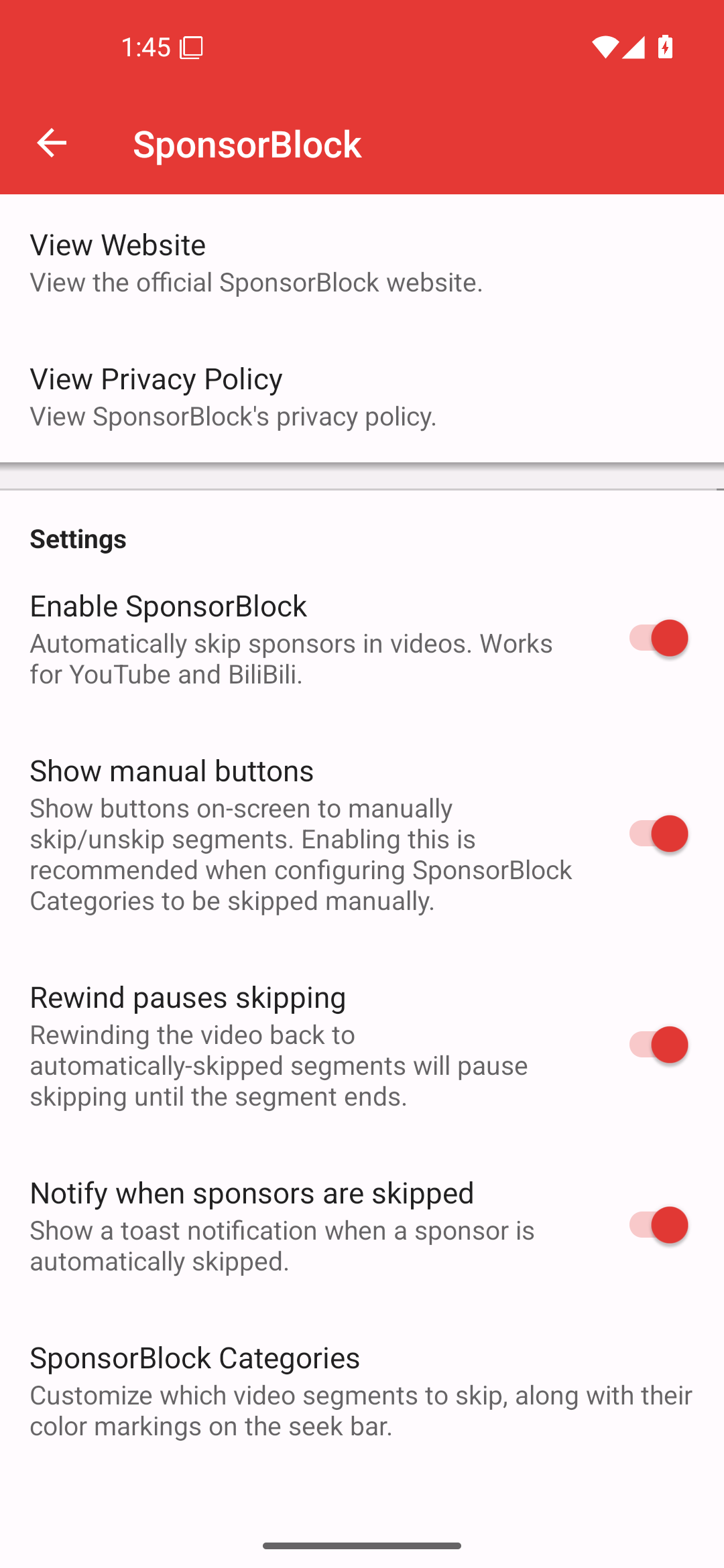 Ajustes de SponsorBlock