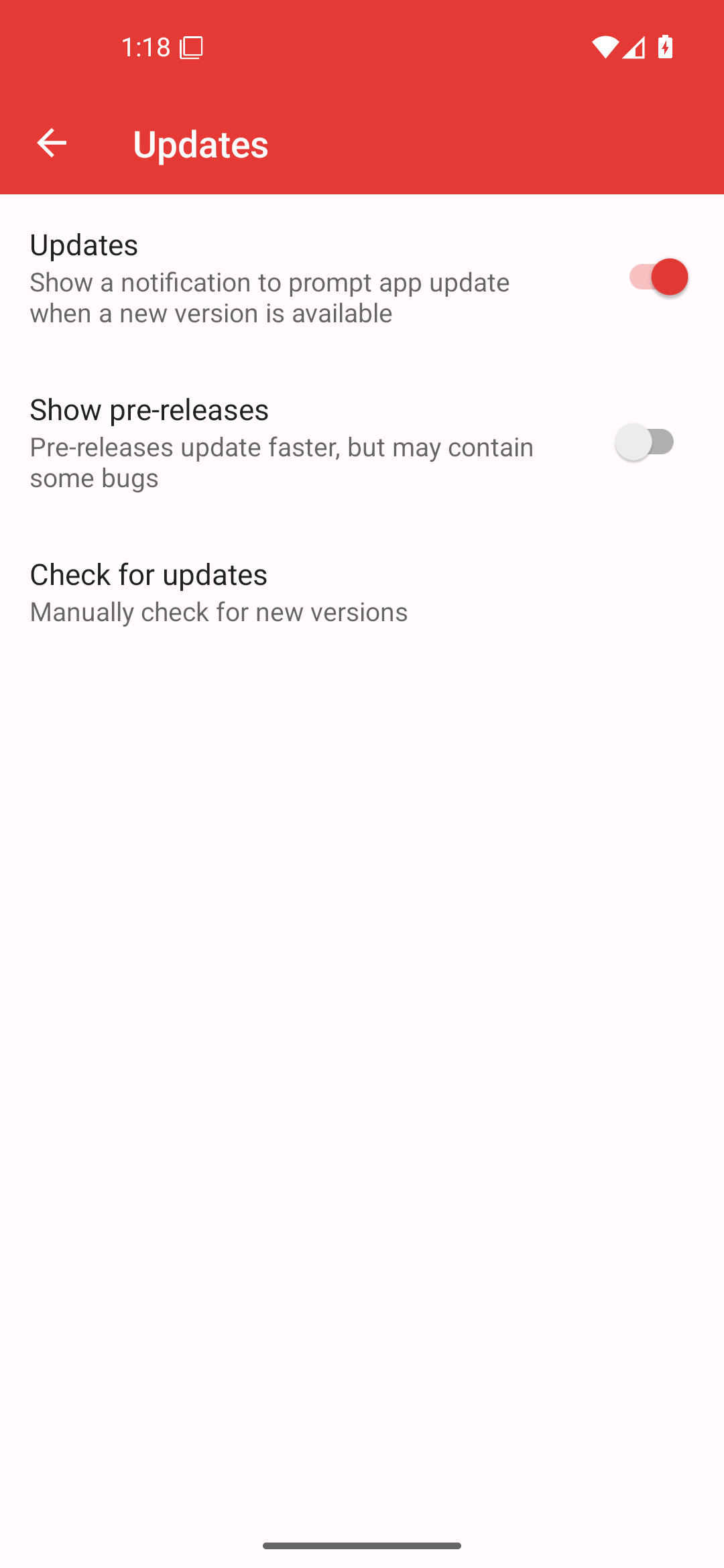 PipePipe Updates settings, 5.2.3 on Android 16