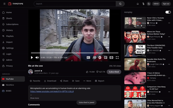 Cinema mode, the player widened with the page dimmed