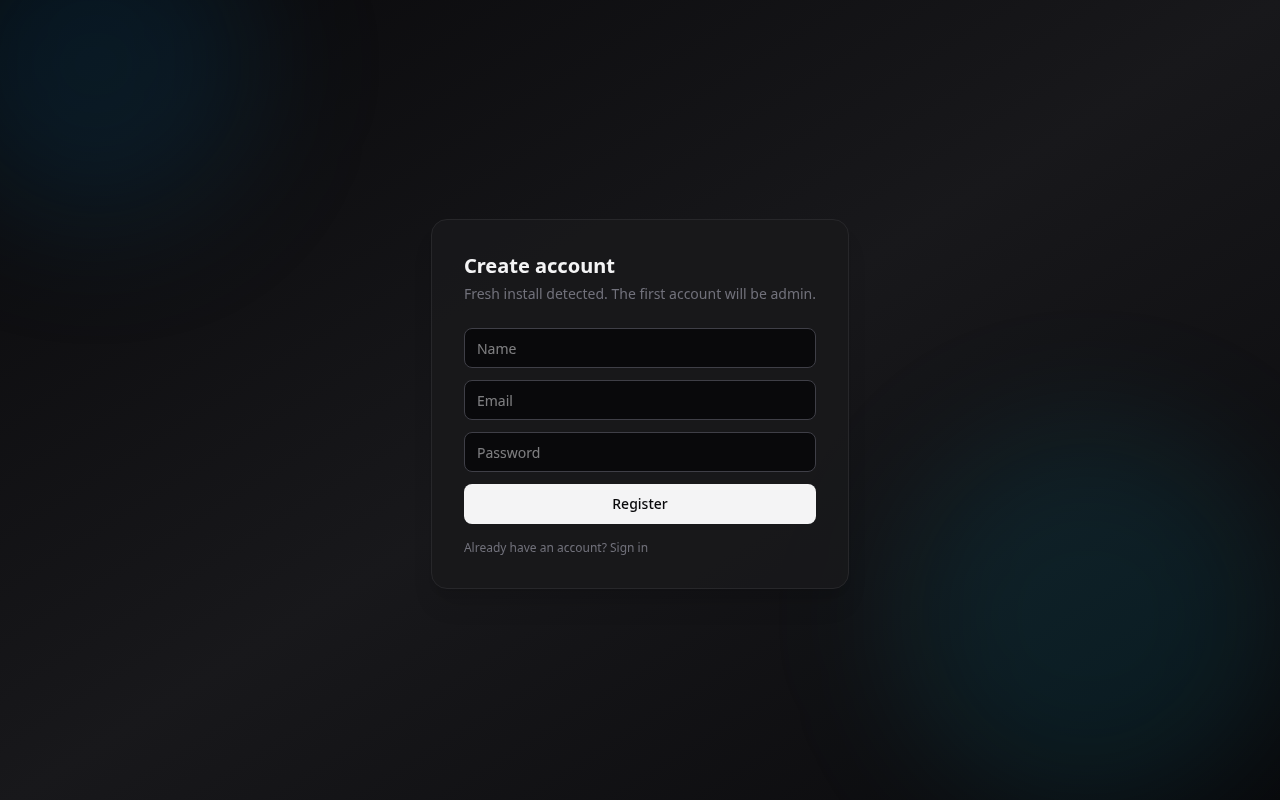 The registration screen on a fresh install