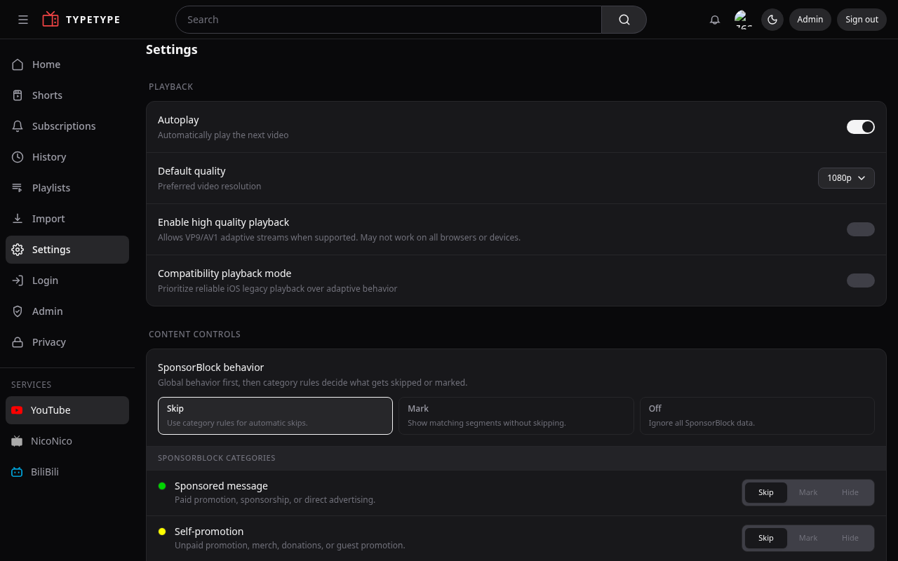 The settings page