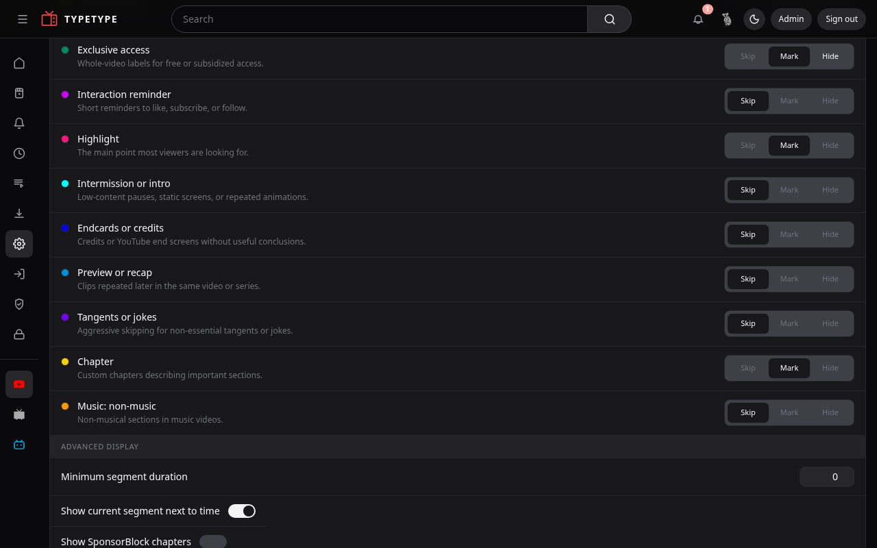 SponsorBlock categories and controls